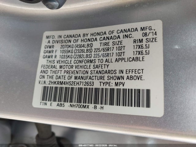 Продаж на аукціоні авто 2014 Honda Cr-v Ex, vin: 2HKRM4H52EH712653, номер лоту: 45177483