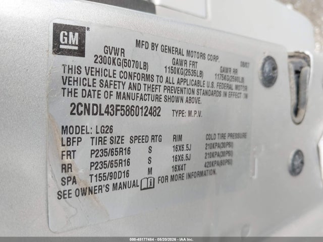 Продажа на аукционе авто 2008 Chevrolet Equinox Lt, vin: 2CNDL43F586012482, номер лота: 45177484