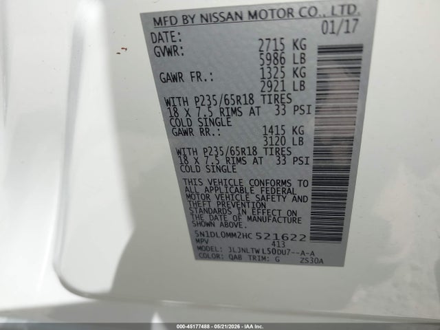 Продажа на аукционе авто 2017 Infiniti Qx60, vin: 5N1DL0MM2HC521622, номер лота: 45177488
