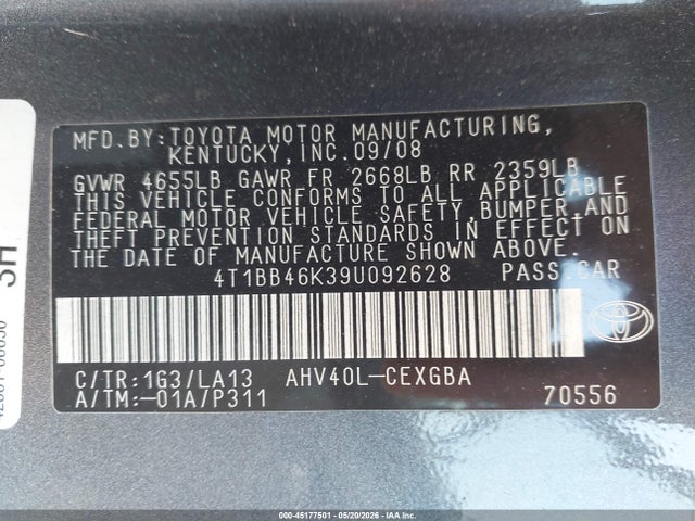 Aukcja sprzedaży 2009 Toyota Camry Hybrid, vin: 4T1BB46K39U092628, numer aukcji: 45177501