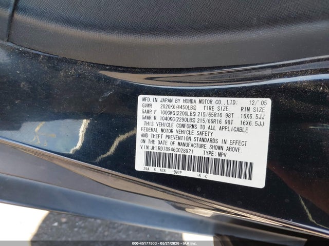 2006 Honda Cr-v Se მანქანა იყიდება აუქციონზე, vin: JHLRD78946C028921, აუქციონის ნომერი: 45177503