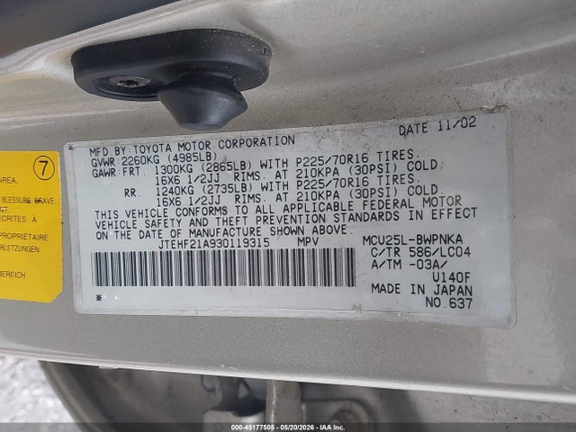 Продаж на аукціоні авто 2003 Toyota Highlander Limited V6, vin: JTEHF21A930119315, номер лоту: 45177505