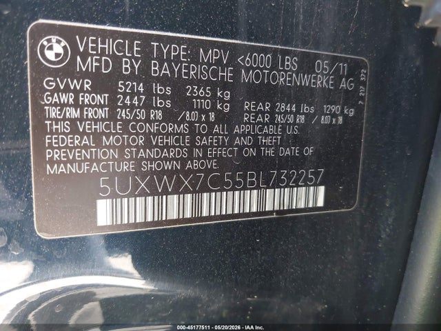 45177511 :رقم المزاد ، 5UXWX7C55BL732257 vin ، 2011 Bmw X3 Xdrive35i مزاد بيع