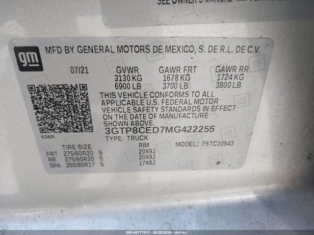 Aukcja sprzedaży 2021 Gmc Sierra 1500 2wd  Short Box Elevation, vin: 3GTP8CED7MG422255, numer aukcji: 45177513