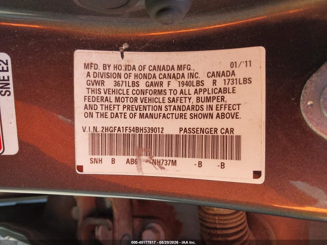 2011 Honda Civic Lx მანქანა იყიდება აუქციონზე, vin: 2HGFA1F54BH539012, აუქციონის ნომერი: 45177517
