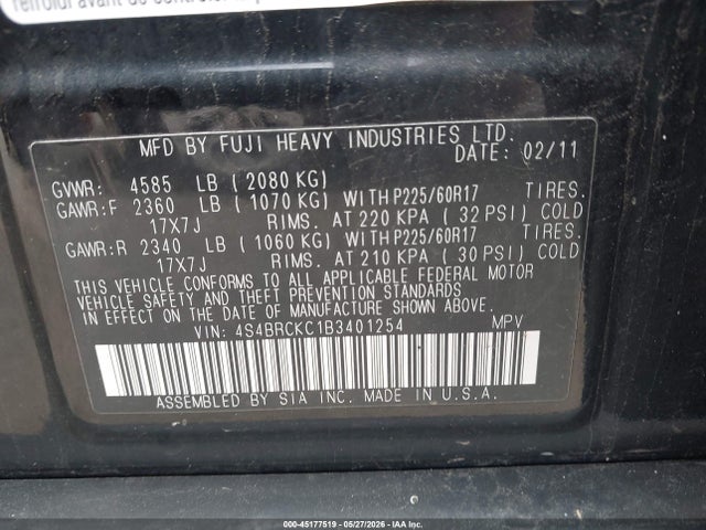 Aukcja sprzedaży 2011 Subaru Outback 2.5i Limited, vin: 4S4BRCKC1B3401254, numer aukcji: 45177519