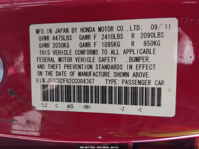 Aukcja sprzedaży 2012 Acura Tsx 2.4, vin: JH4CU2F82CC004367, numer aukcji: 45177520