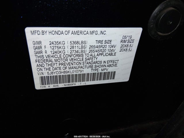 Aukcja sprzedaży 2019 Acura Mdx Advance Pkg, vin: 5J8YD3H89KL010791, numer aukcji: 45177524
