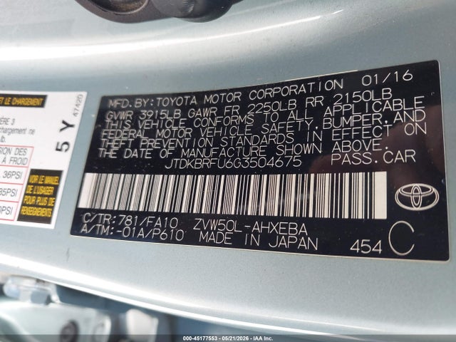 Toyota Prius Two 2016 JTDKBRFU6G3504675 Image 9