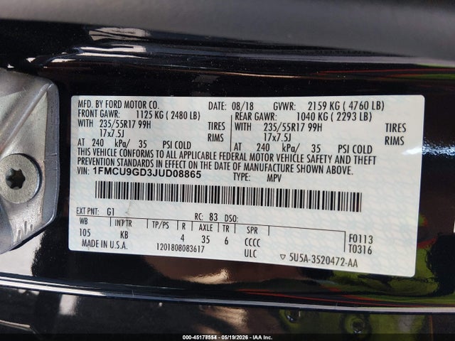 Продажа на аукционе авто 2018 Ford Escape Se, vin: 1FMCU9GD3JUD08865, номер лота: 45177554