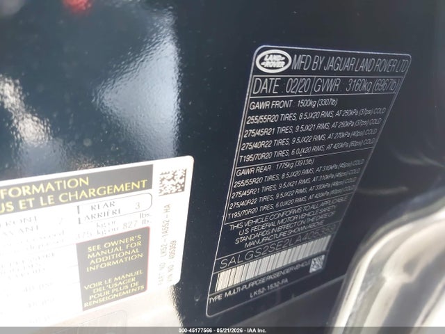 2020 Land Rover Range Rover P525 Hse მანქანა იყიდება აუქციონზე, vin: SALGS2SE2LA405359, აუქციონის ნომერი: 45177566