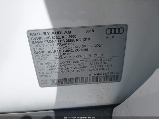 Продаж на аукціоні авто 2018 Audi Sq5 3.0t Premium Plus, vin: WA1C4AFY6J2183571, номер лоту: 45177567