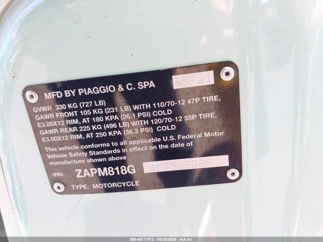 2022 Vespa Primavera/sprint 150 მანქანა იყიდება აუქციონზე, vin: ZAPM818G4N5905805, აუქციონის ნომერი: 45177573