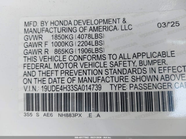 45177582 :رقم المزاد ، 19UDE4H33SA014739 vin ، 2025 Acura Integra A-spec مزاد بيع
