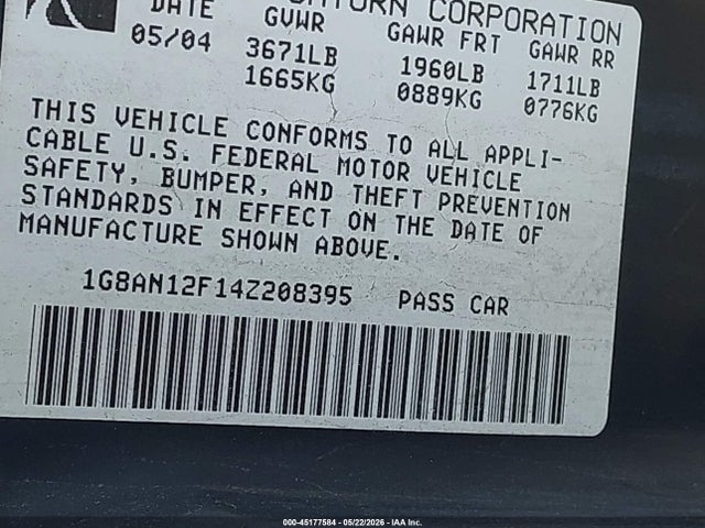Aukcja sprzedaży 2004 Saturn Ion 2, vin: 1G8AN12F14Z208395, numer aukcji: 45177584