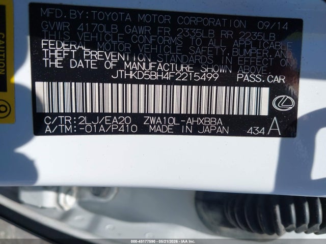 Aukcja sprzedaży 2015 Lexus Ct 200h, vin: JTHKD5BH4F2215499, numer aukcji: 45177590