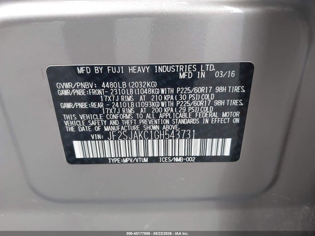 2016 Subaru Forester 2.5i Limited მანქანა იყიდება აუქციონზე, vin: JF2SJAKC1GH543731, აუქციონის ნომერი: 45177598