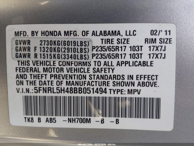2011 Honda Odyssey Ex მანქანა იყიდება აუქციონზე, vin: 5FNRL5H48BB051494, აუქციონის ნომერი: 45177604