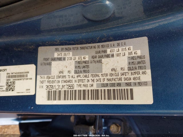 45177608 :رقم المزاد ، 3MZBN1L31JM172569 vin ، 2018 Mazda Mazda3 Touring مزاد بيع