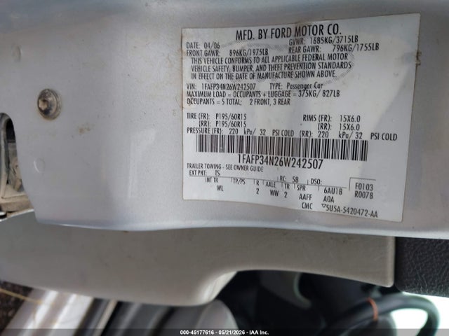 Продажа на аукционе авто 2006 Ford Focus Zx4, vin: 1FAFP34N26W242507, номер лота: 45177616
