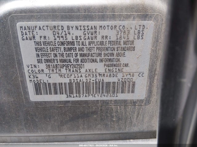 Aukcja sprzedaży 2014 Nissan Sentra Fe+ S/fe+ Sv/s/sl/sr/sv, vin: 3N1AB7AP9EY242501, numer aukcji: 45177621