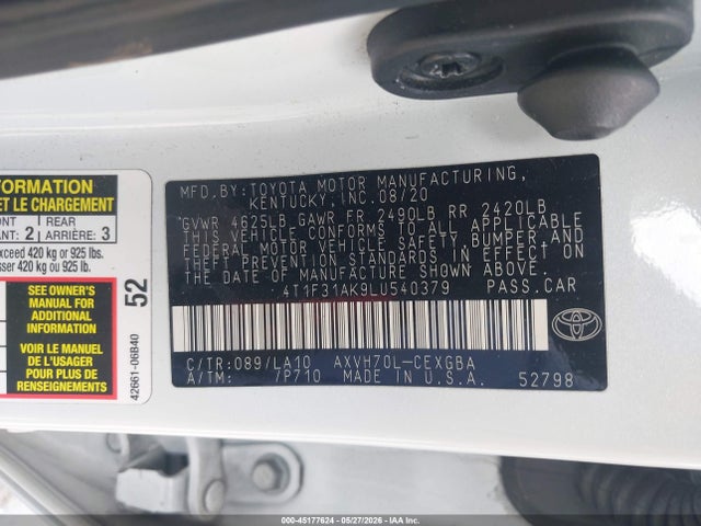 2020 Toyota Camry Xle Hybrid მანქანა იყიდება აუქციონზე, vin: 4T1F31AK9LU540379, აუქციონის ნომერი: 45177624