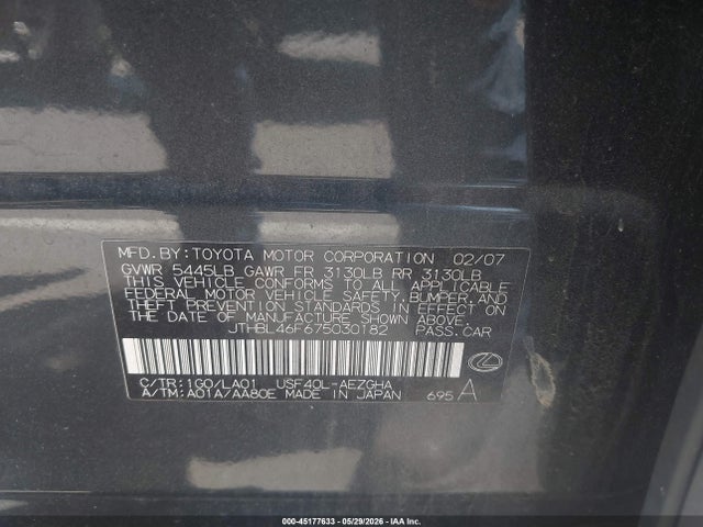 45177633 :رقم المزاد ، JTHBL46F675030182 vin ، 2007 Lexus Ls 460 مزاد بيع