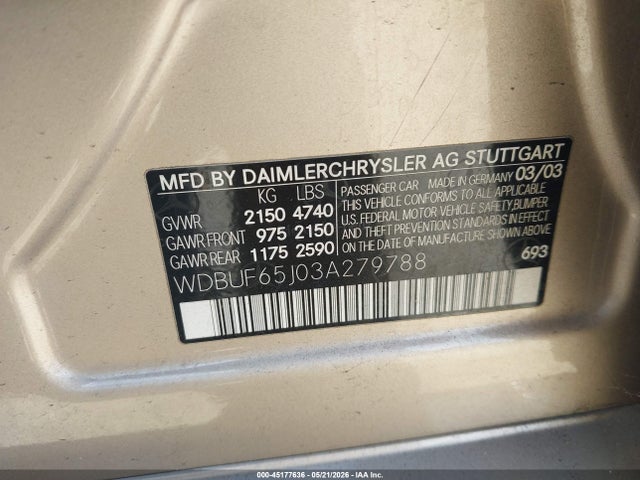 45177636 :رقم المزاد ، WDBUF65J03A279788 vin ، 2003 Mercedes-benz E 320 مزاد بيع