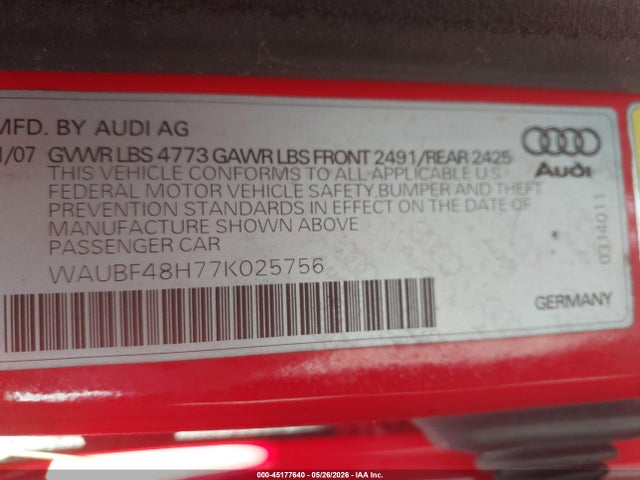 Aukcja sprzedaży 2007 Audi A4 2.0t, vin: WAUBF48H77K025756, numer aukcji: 45177640