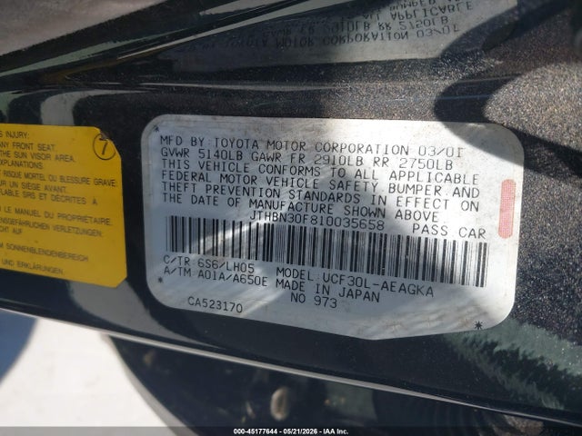 2001 Lexus Ls 430 მანქანა იყიდება აუქციონზე, vin: JTHBN30F810035658, აუქციონის ნომერი: 45177644
