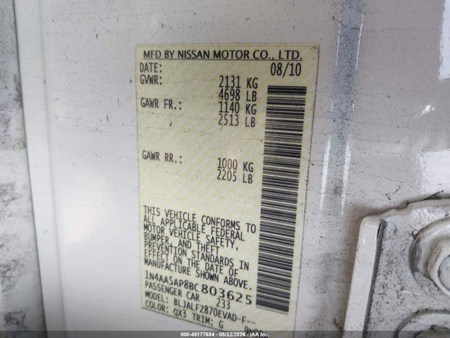 2011 Nissan Maxima 3.5 Sv მანქანა იყიდება აუქციონზე, vin: 1N4AA5AP8BC803625, აუქციონის ნომერი: 45177654
