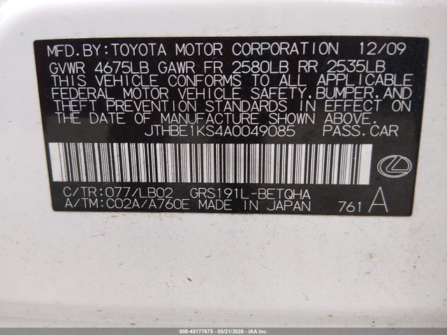 Aukcja sprzedaży 2010 Lexus Gs 350, vin: JTHBE1KS4A0049085, numer aukcji: 45177675