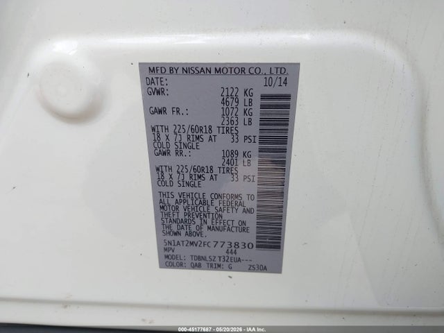 2015 Nissan Rogue Sl მანქანა იყიდება აუქციონზე, vin: 5N1AT2MV2FC773830, აუქციონის ნომერი: 45177687