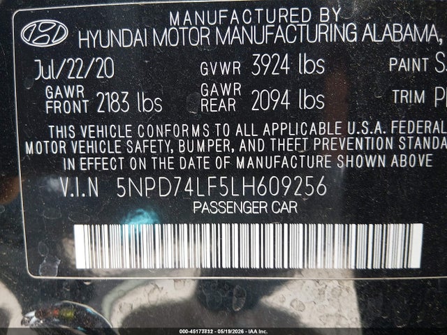 Aukcja sprzedaży 2020 Hyundai Elantra Se, vin: 5NPD74LF5LH609256, numer aukcji: 45177712