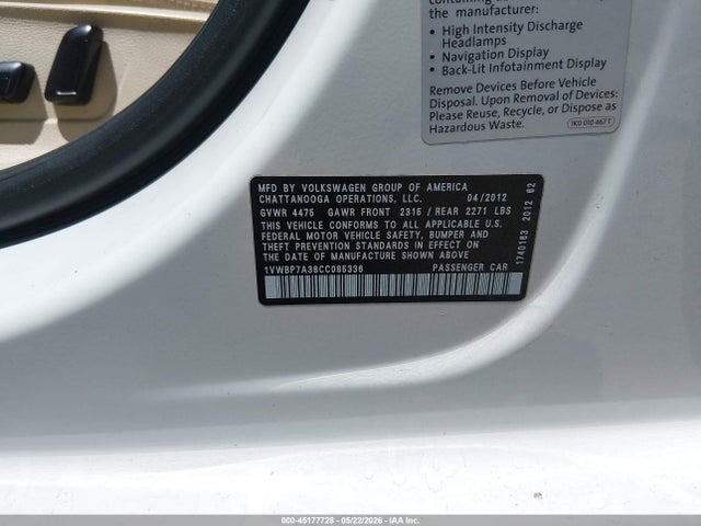 Продаж на аукціоні авто 2012 Volkswagen Passat 2.5l Se, vin: 1VWBP7A38CC085336, номер лоту: 45177728
