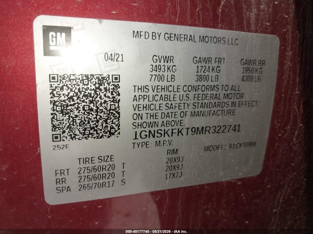 45177740 :رقم المزاد ، 1GNSKFKT9MR322741 vin ، 2021 Chevrolet Suburban 4wd Premier مزاد بيع