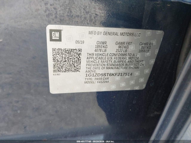 45177748 :رقم المزاد ، 1G1ZD5ST6KF217514 vin ، 2019 Chevrolet Malibu Lt مزاد بيع