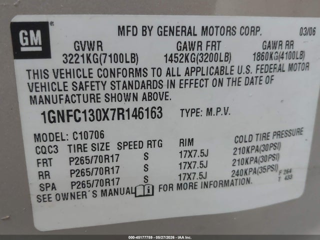 Продажа на аукционе авто 2007 Chevrolet Tahoe Lt, vin: 1GNFC130X7R146163, номер лота: 45177759