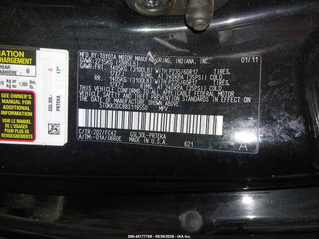 Auction sale of the 2011 Toyota Sienna Le V6, vin: 5TDKK3DC8BS118550, lot number: 45177769