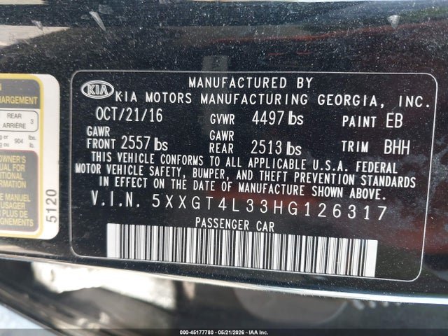 Продаж на аукціоні авто 2017 Kia Optima Lx, vin: 5XXGT4L33HG126317, номер лоту: 45177780