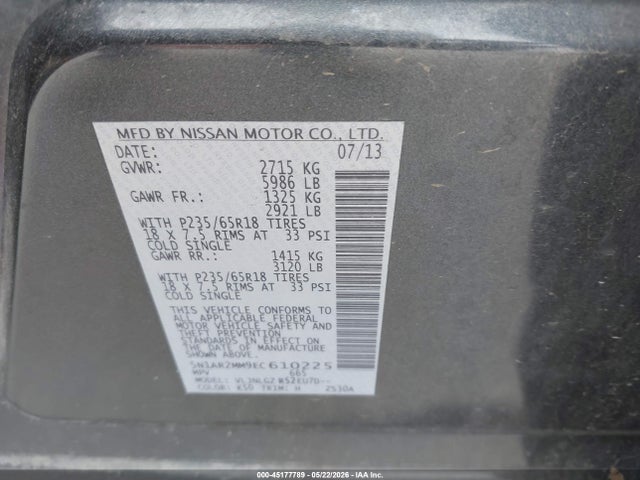 45177789 :رقم المزاد ، 5N1AR2MM9EC610225 vin ، 2014 Nissan Pathfinder Sl مزاد بيع