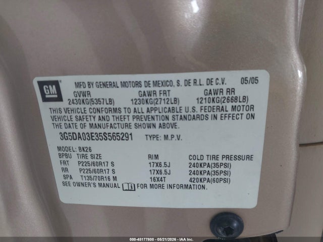 Aukcja sprzedaży 2005 Buick Rendezvous Cx, vin: 3G5DA03E35S565291, numer aukcji: 45177800