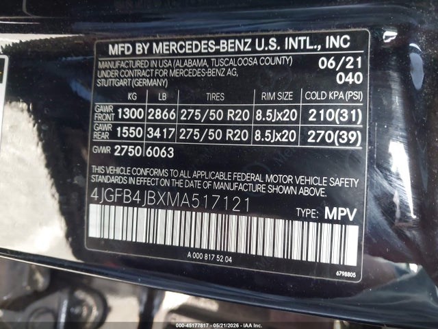 Aukcja sprzedaży 2021 Mercedes-benz Gle 350, vin: 4JGFB4JBXMA517121, numer aukcji: 45177817