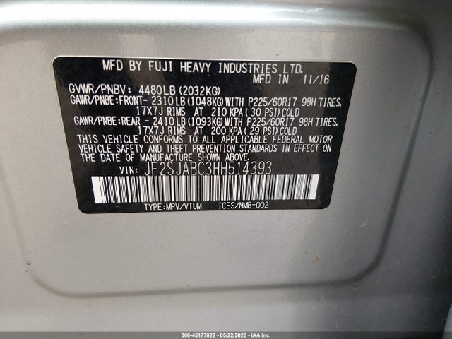 Продаж на аукціоні авто 2017 Subaru Forester 2.5i, vin: JF2SJABC3HH514393, номер лоту: 45177822