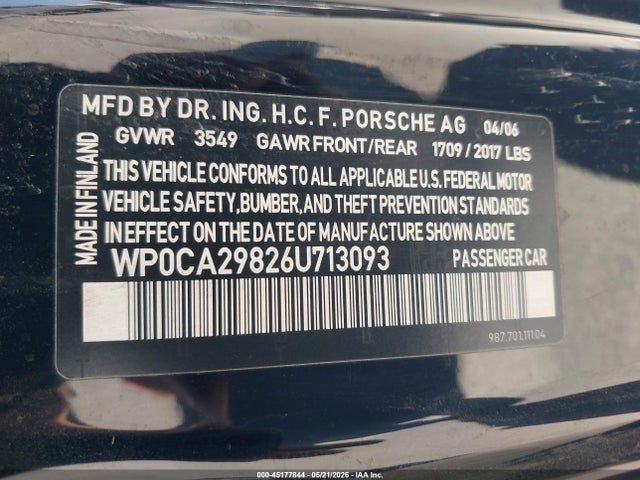 45177844 :رقم المزاد ، WP0CA29826U713093 vin ، 2006 Porsche Boxster مزاد بيع