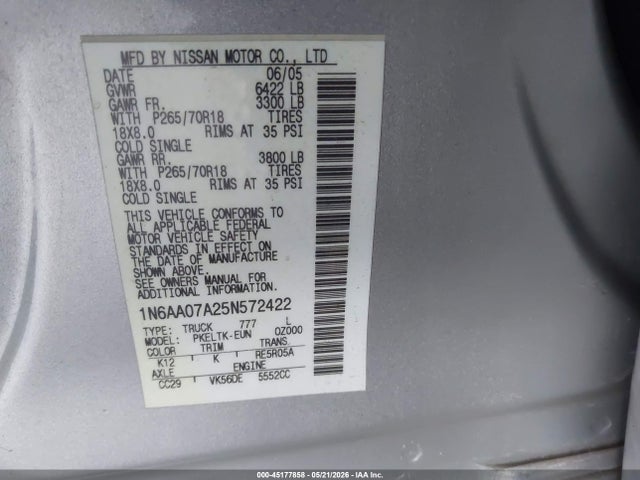 Aukcja sprzedaży 2005 Nissan Titan Se, vin: 1N6AA07A25N572422, numer aukcji: 45177858