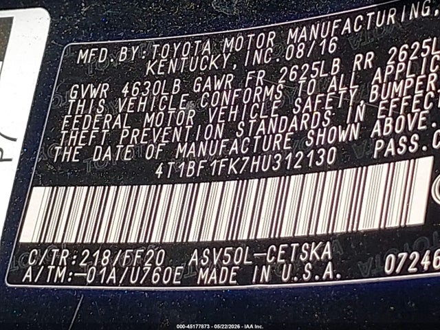 2017 Toyota Camry Se მანქანა იყიდება აუქციონზე, vin: 4T1BF1FK7HU312130, აუქციონის ნომერი: 45177873