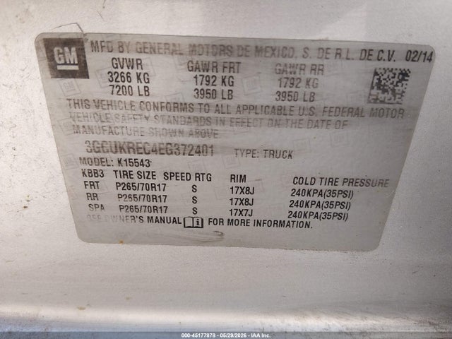 Продажа на аукционе авто 2014 Chevrolet Silverado 1500 1lt, vin: 3GCUKREC4EG372401, номер лота: 45177878