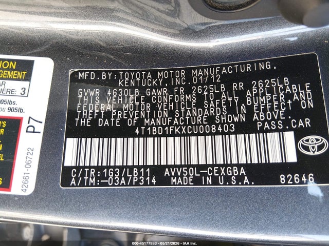 2012 Toyota Camry Hybrid Xle მანქანა იყიდება აუქციონზე, vin: 4T1BD1FKXCU008403, აუქციონის ნომერი: 45177883