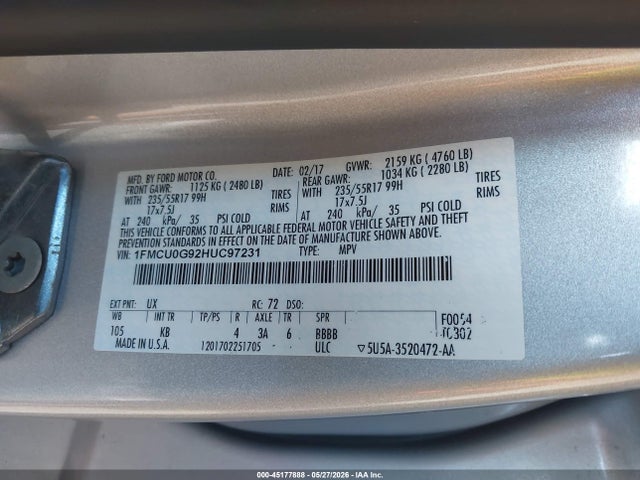 45177888 :رقم المزاد ، 1FMCU0G92HUC97231 vin ، 2017 Ford Escape Se مزاد بيع